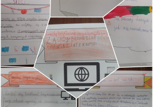 Plakat przygotowany przez uczniów klasy 3c - kolaż prac ilustrujących zasady bezpieczeństwa w internecie